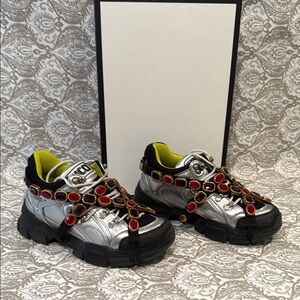 Gucci Silver and Black Flashtrek Sneakers with Crystal Straps